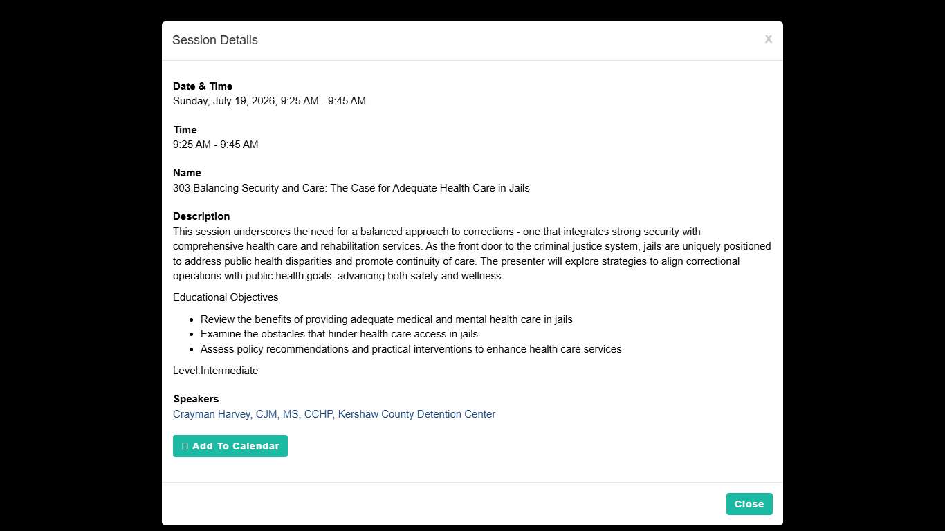 Session Details: Correctional Mental Health Care Conference 2026